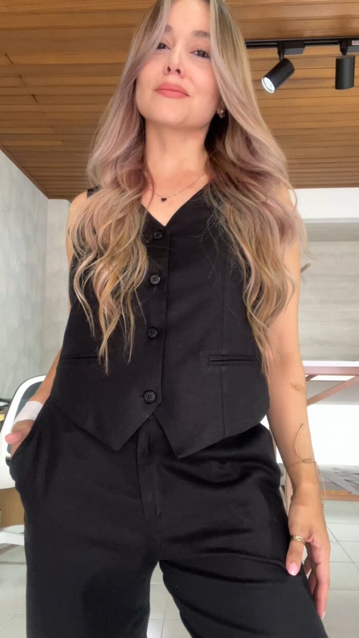 Ref. 083: Blazer, Chaleco y Pantalón en lino - negro - Image 13