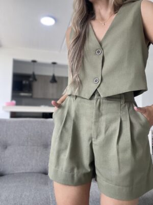 Ref. 061: Set en lino chaleco y short - verde militar - Image 5