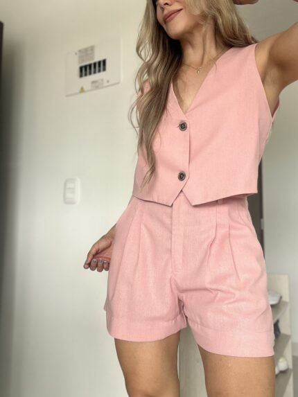 Ref. 061: Set en lino chaleco y short - palo de rosa