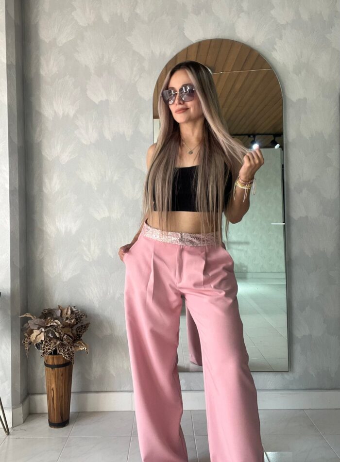 Ref. 009: Pantalón recto pretina brillante en color palo de rosa - Image 6