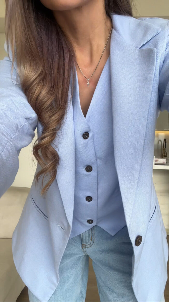 Ref.091:Blazer y Chaleco Clásico En Lino-Azul Indigo - Image 2
