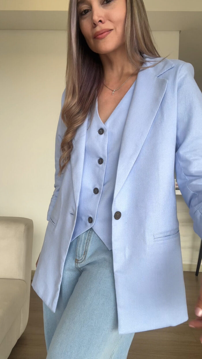 Ref.091:Blazer y Chaleco Clásico En Lino-Azul Indigo - Image 1