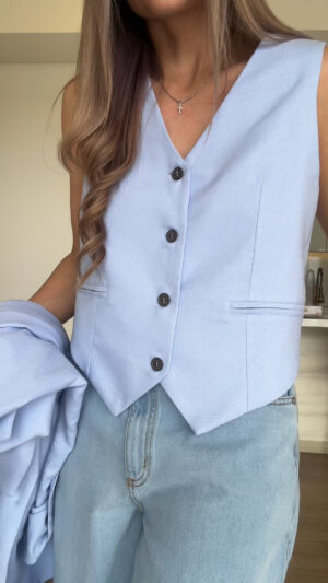 Ref.091:Blazer y Chaleco Clásico En Lino-Azul Indigo - Image 3