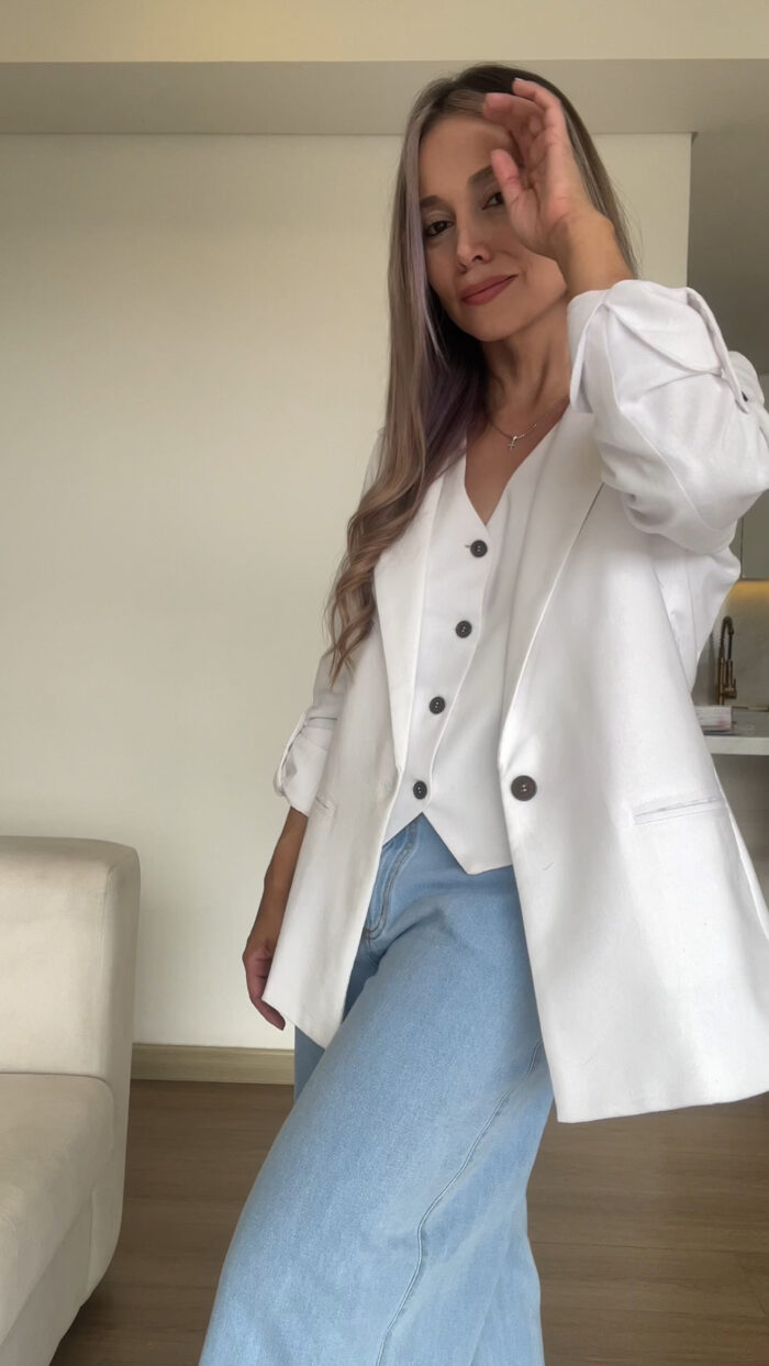 Ref.091:Blazer y Chaleco Clásico En Lino-Blanco - Image 2