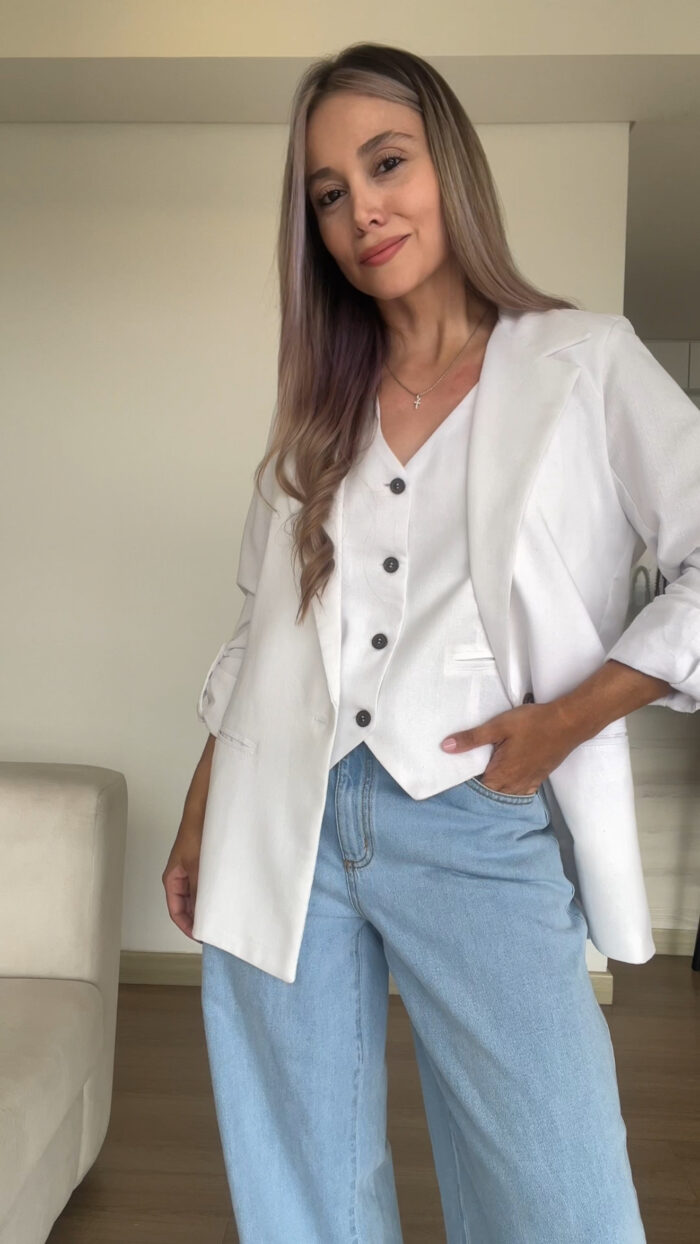 Ref.091:Blazer y Chaleco Clásico En Lino-Blanco - Image 4