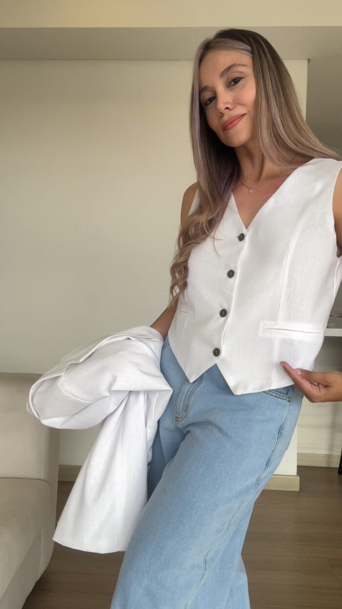 Ref.091:Blazer y Chaleco Clásico En Lino-Blanco - Image 10