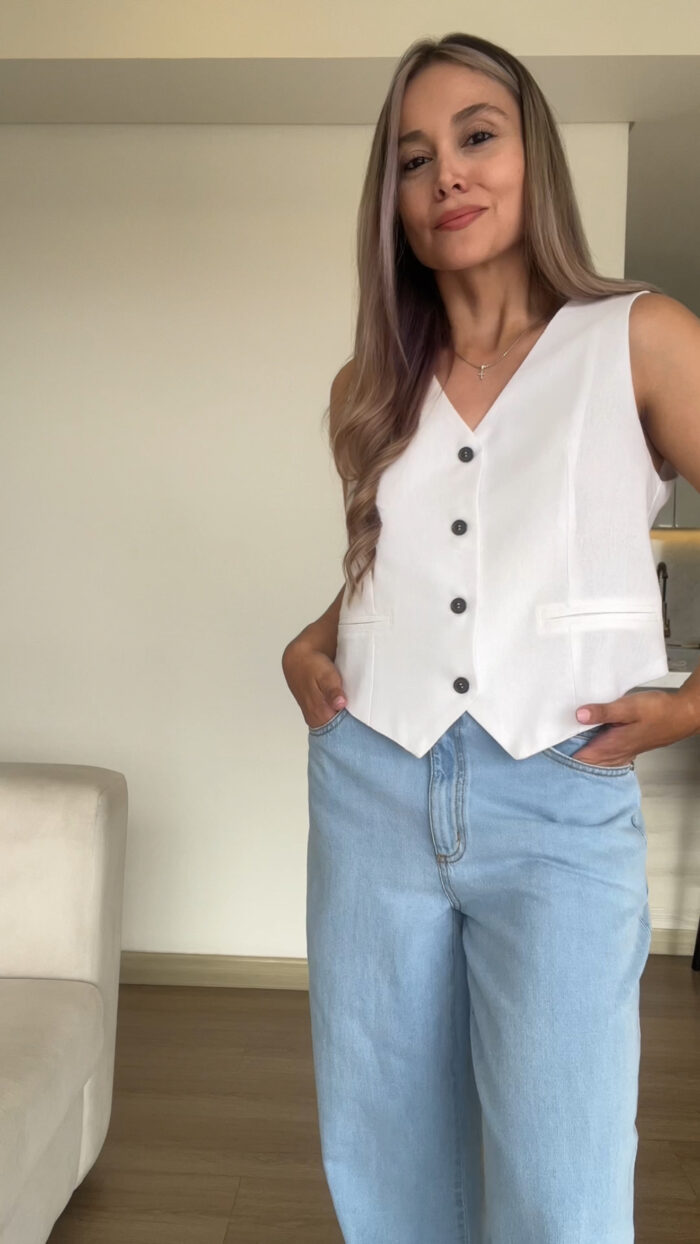 Ref.091:Blazer y Chaleco Clásico En Lino-Blanco - Image 9