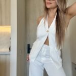 Ref. 089: Blusa Chaleco y Pantalón clásico- Blanco