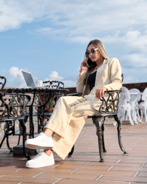 Ref.107: Blazer y Pantalón Ancho con Prenses- Vainilla